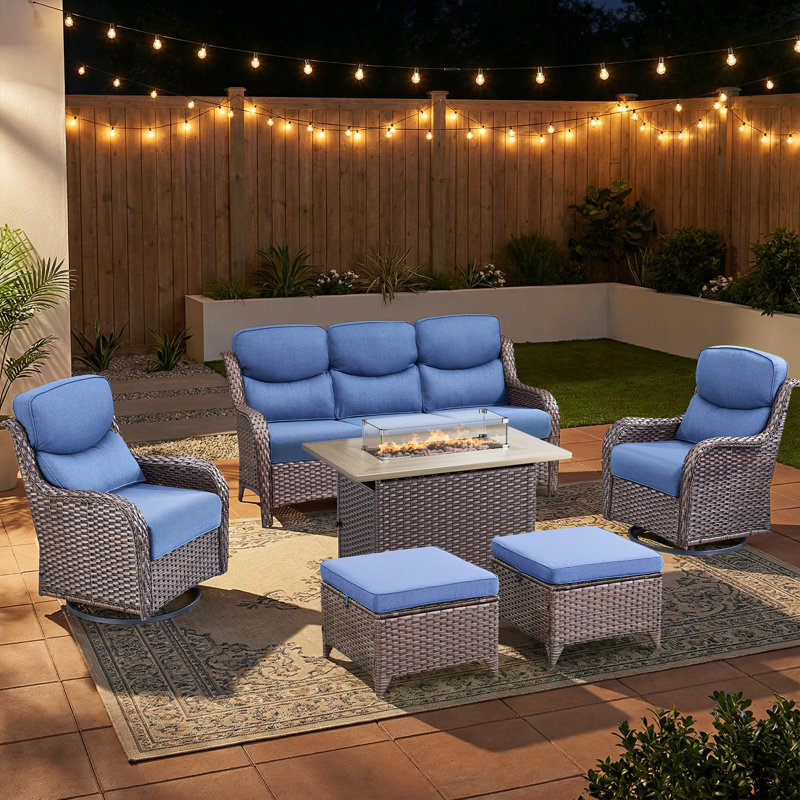 Anner 6-Piece Outdoor Wicker Patio Rectangle Fire Pit Table Conversation Set With Swivel Gliders And Ottomans, Blue, Brown