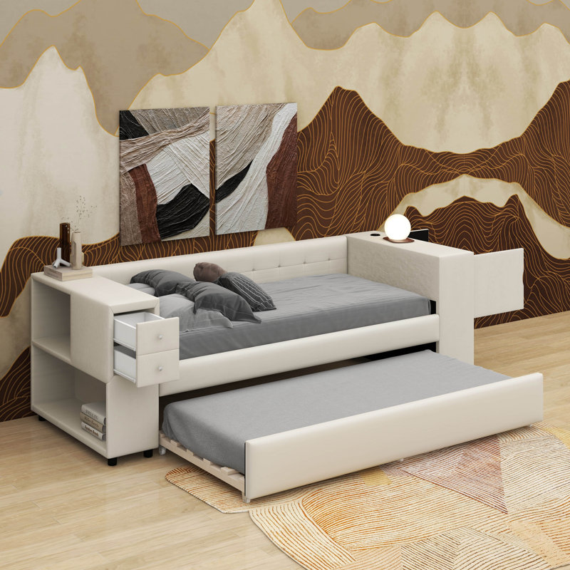 Lit rembourré avec rangement et lit gigogne, ports de chargement USB, Beige