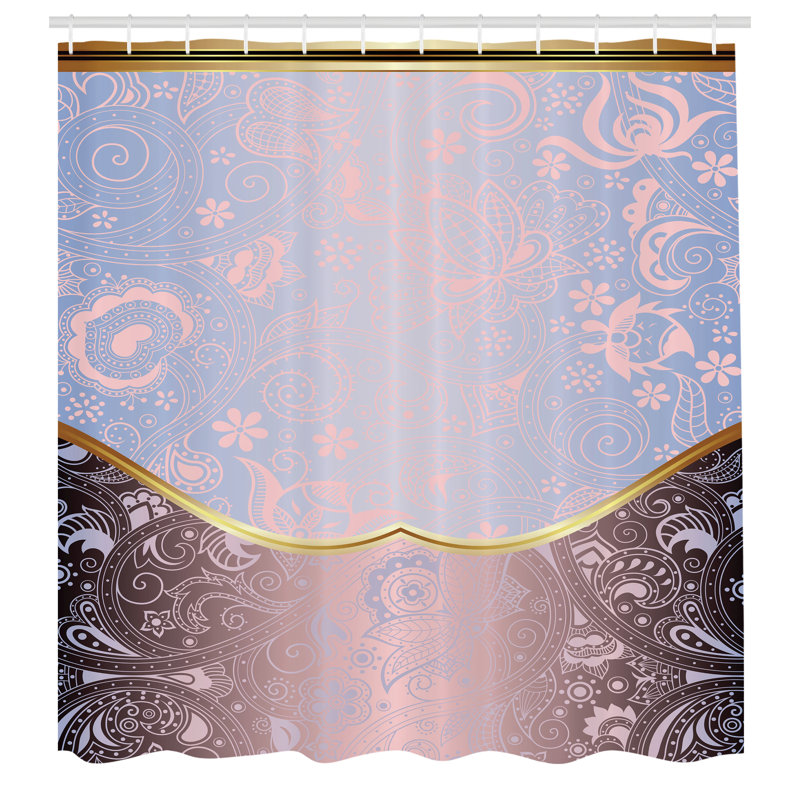 Pale Azure and Gold Floral Fabric Shower Curtain with Hooks
