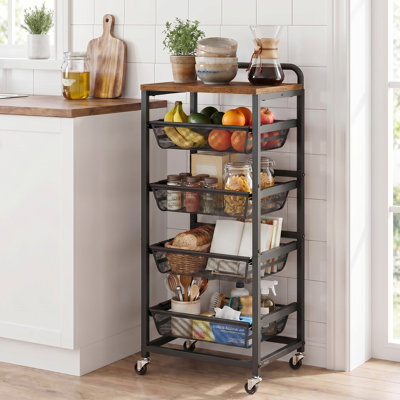 5-Tier Kitchen Storage Cart With Pull-Out Baskets, Rolling Trolley With Wheels, Handle