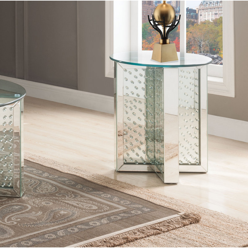 Tulasi Glam 21"Dia Round Mirrored End Table with Faux Crystals Inlay