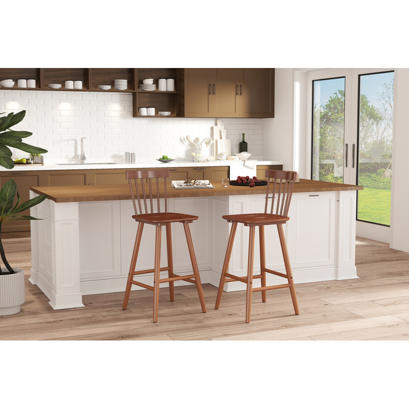 Tabouret de comptoir à dossier en lattes de bois massif de 38,5 po de hauteur, Noyer