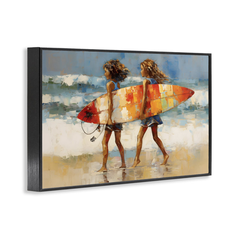 «Surfboard Kids Friends», art de la giclée encadrée par Petal Prints Design, Giclée encadrée noir minuit, H 12 po x l 18 po