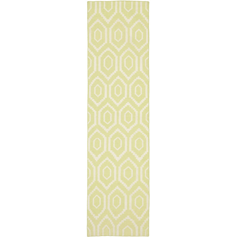 Dhurries Hand Woven Flat Weave Wool/Cotton Geometric Rug in Ivory/Green