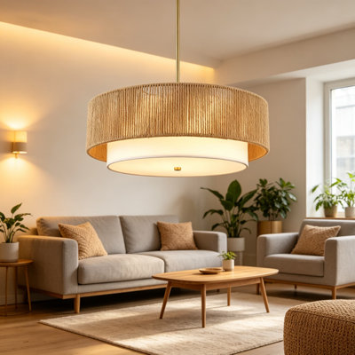 18 Inch Boho Rattan Drum Pendant Light with Fabric Lampshade, 3-Light Farmhouse Chandelier Hanging Light Fixture for Dining Room Bedroom Kitchen Hallway Foyer, Handwoven Natural Rattan with Gold Finish