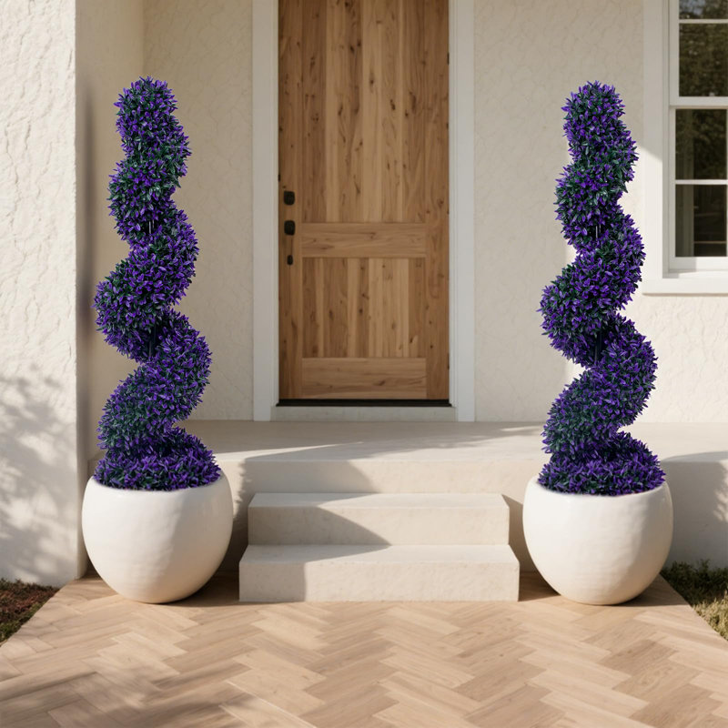Ensemble de 2 topiaires artificiels en spirale 120 cm - Faux verdure durable pour la décoration intérieure et extérieure - Comprend des pots en plastique - Forme spirale élégante - Couleur: mauve