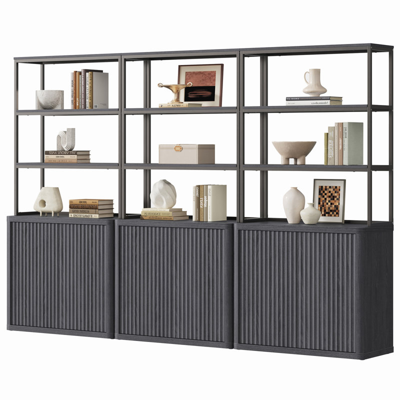 Cesiro 5 -Tier Bookcase With 2 Fluted Doors And Adjustable Shelves, Dark Gray Alder