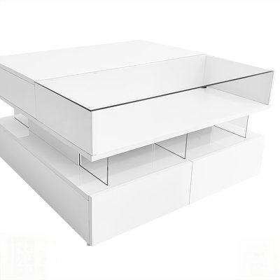 Lift-Top Coffee Table With 2 Drawers, Modern Square Design, Glass Top, High-Gloss Finish, And LED Lights For Living Room