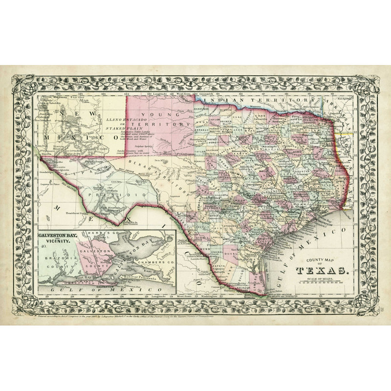 Johnson's Map of Texas par Johnson - reproduction d'art sur toile tendue, H 8 po x l 12 po x P 1,25 po