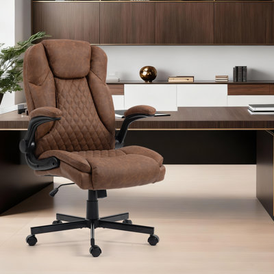 High Back Executive Office Chair, Ergonomic Computer Desk Chair with Rocking Function, PU Leather, Flip-Up Armrests and Lumbar Support, Brown