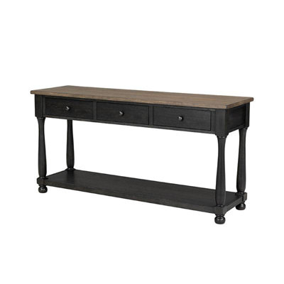 Ginie Sofa Table, 3 Drawers, Black Brown Solid Rubberwood, 60 Inch