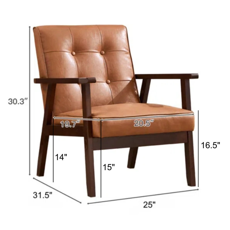 Salma 25" W Tufted Accent Chair with Solid Wood Legs, Brown Faux Leather, 1