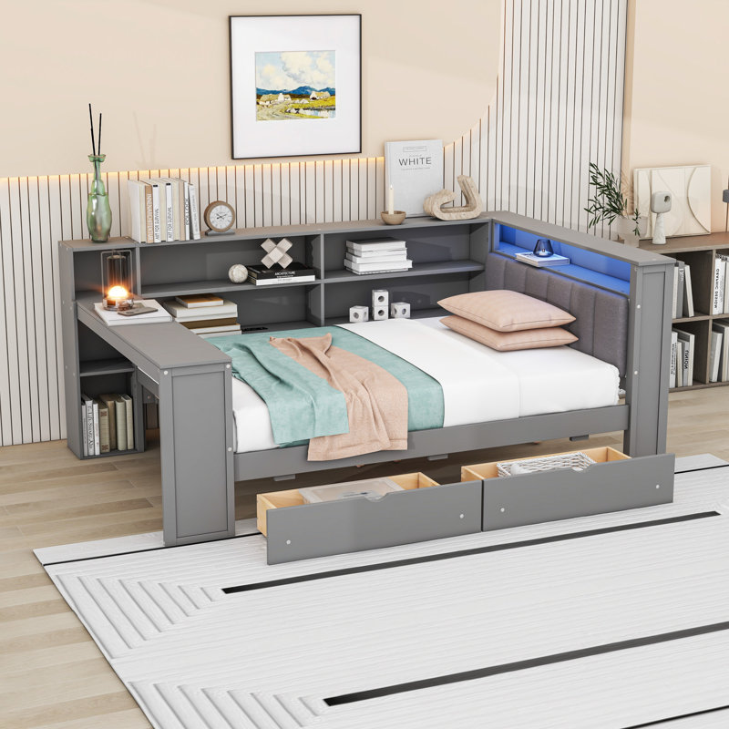Lit de jour avec éclairage DEL, tiroir de rangement intégré, tablettes, bureau et station de charge, Gris, Complet/Double