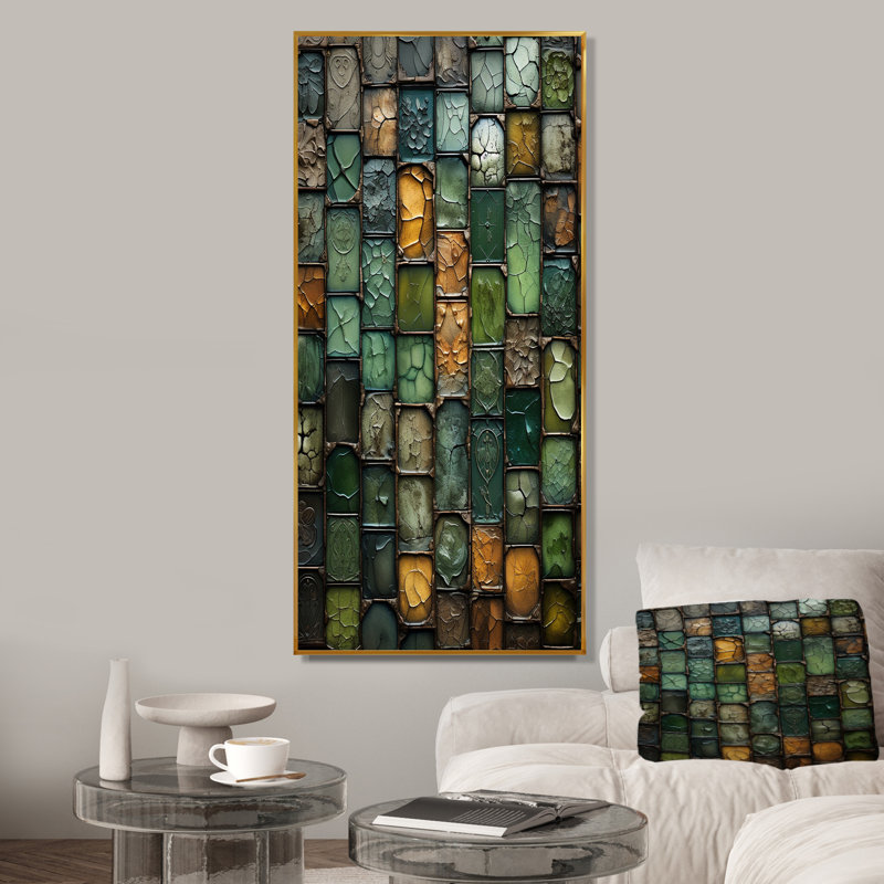 Green Stones Tiles II - Abstract Tile, art mural, Cadre flottant doré, H 60 po x l 28 po x P 1,5 po