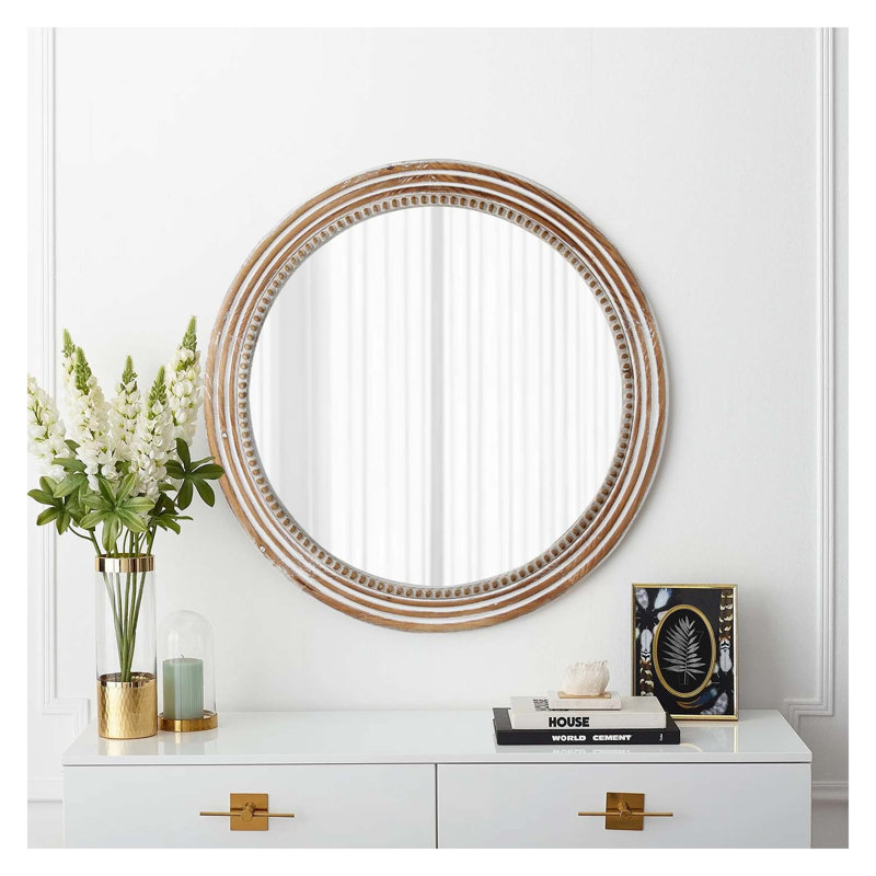Miroir mural rustique rond de 70 cm (27,56 pouces), cadre en bois blanc antique orné de perles, idéal pour une décoration de style campagnard.