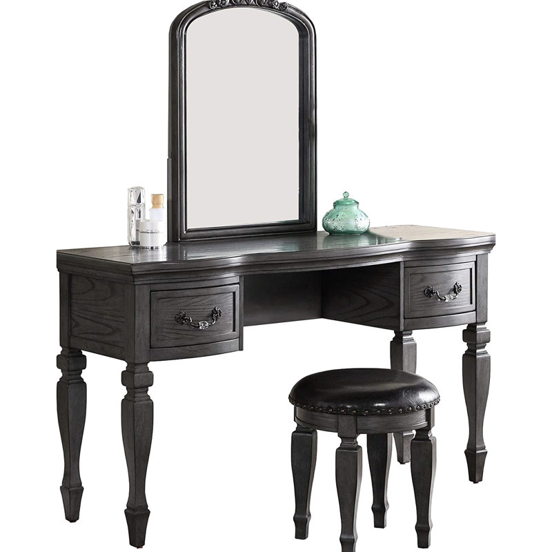 Meuble-lavabo contemporain avec tabouret en bois et rangement - Miroir à garniture cloutée classique de style moderne inclus
