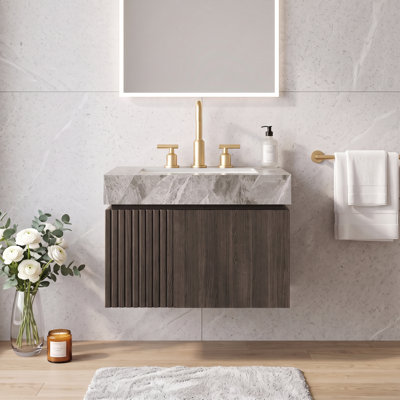 Meuble-lavabo autoportant en contreplaqué de 24 po avec lavabo en céramique, armoire de rangement flottante avec 2 portes, plateau en pierre frittée avec 3 trous de robinet pré-percés (pré-assemblés)
