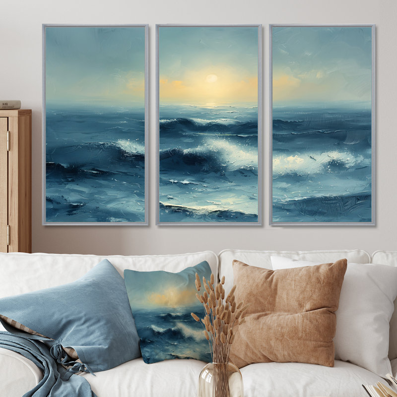 Ensemble de salon d'art mural blanc et bleu, H 32 po x l 48 po x P 1 po, Toile argentée avec cadre flottant