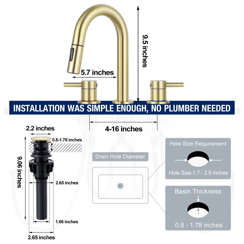 Widespread Bathroom Faucet 3 Hole, 2-handle Bathroom Sink Faucet with Drain Assembly, Brushed Gold