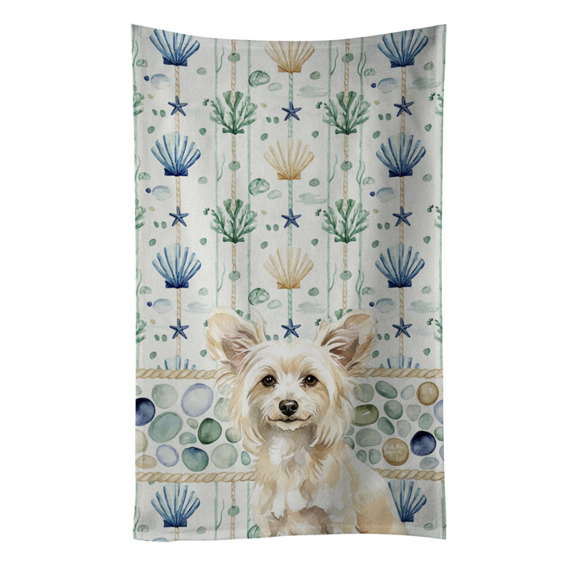 Powderpuff Chinese Crested Coastal Sea Glass Kitchen Towel, Powderpuff Chinese Crested