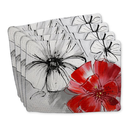 Braided Polyester Placemats Set of 4 - Red & White Floral Design