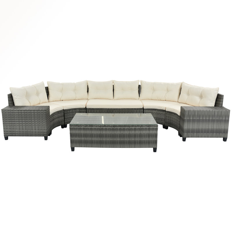8-Pieces Outdoor Wicker Round Sofa Set, Half-Moon Sectional Sets All Weather, Curved Sofa Set With Rectangular Coffee Table, PE Rattan Water-Resistant And UV Protected, Movable Cushion, Gray