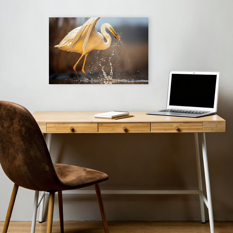 Egret Catches Fish Serene Contemporary Bird Fish Nature Wildlife Wall Art Print 1 Piece Wrapped Canvas Wall Art