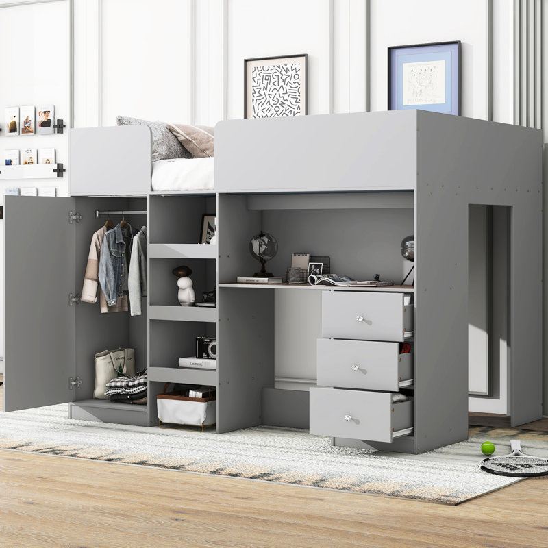 Lit mezzanine double gris avec bureau, rangement et garde-robe