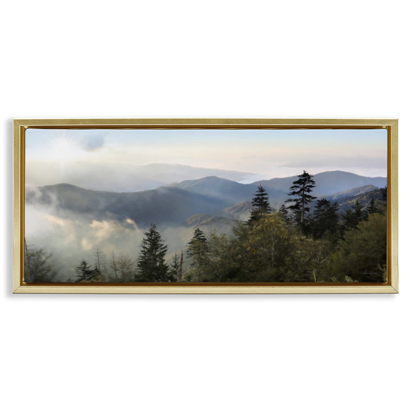 Vue panoramique de la nature montagneuse nuageuse, Cadre flottant métallique doré, H 14 po x l 31 po