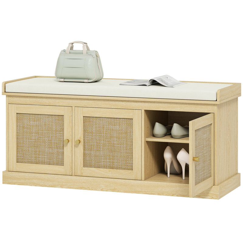 Banc de chambre à coucher avec portes tressées et housse de coussin amovible, Cream/White Oak