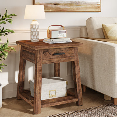 Side Table with Drawer, 2 -Tier Wooden End Table with Shelf Storage