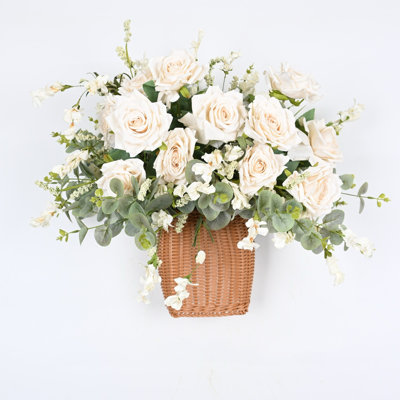 Artificial Farmhouse Rose Floral Arrangement With Basket For Front Door Wall Decor, Blossoms Cluster Berry Greenery Eucalyptus Faux Flower For Dining Table Centerpieces, Home Office Wedding Party Decor