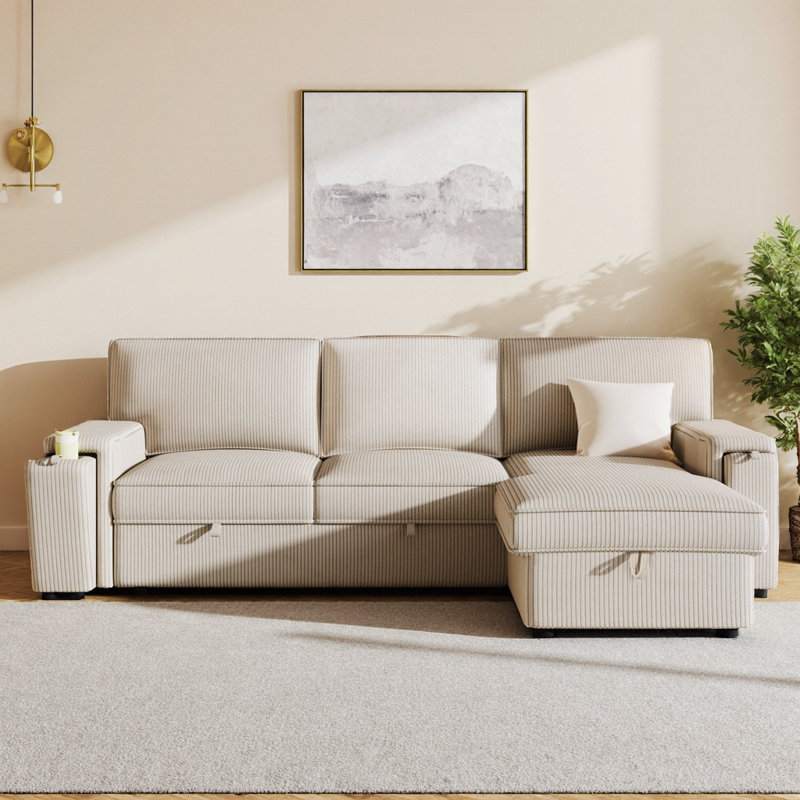 Canapé-lit modulaire 96 po avec rembourrage caché et porte-gobelets et sacs de rangement latéraux 96 po | Lit simple escamotable, méridienne 59 po, accoudoirs carrés