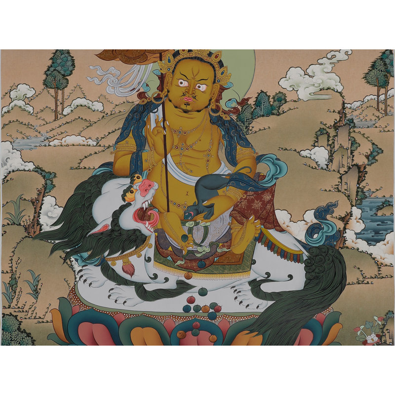 Lord Kubera Thangka sans brocart | Art mural dieu tibétain peint à la main | Décoration or 24 carats prospère et abondante (29,9 po x 19,7 po)