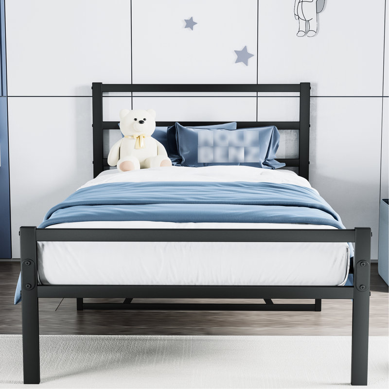 Tête de lit incluse: lit plateforme en métal (simple) - robuste, sans sommier, cadre de repos paisible avec tête de lit, taille simple silencieuse
