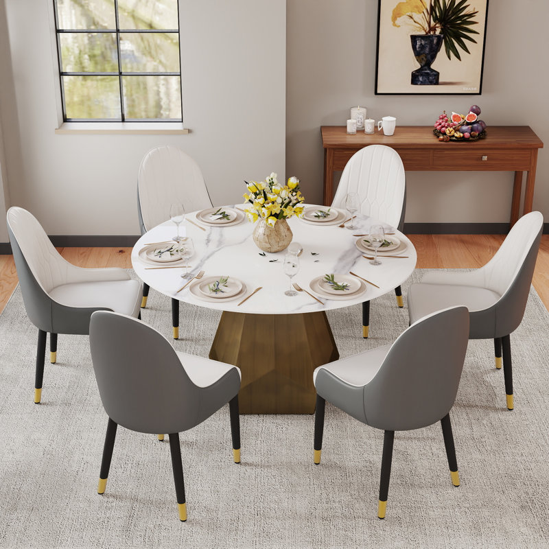 Ensemble de salle à manger moderne 7 pièces en pierre frittée avec base piédestal, H 29,53 po x L 53,15 po x l 53,15 po