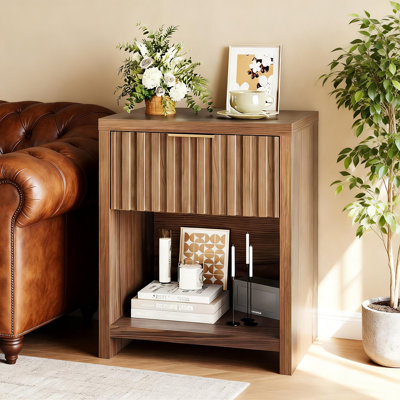 Fluted Front Nightstand 1 Drawer Open Shelf Bedroom Side Table