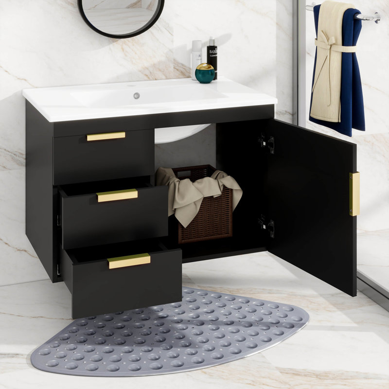 Ensemble d'armoire de salle de bain murale 30 po avec lavabo en céramique, portes et tiroir à fermeture en douceur, Noir