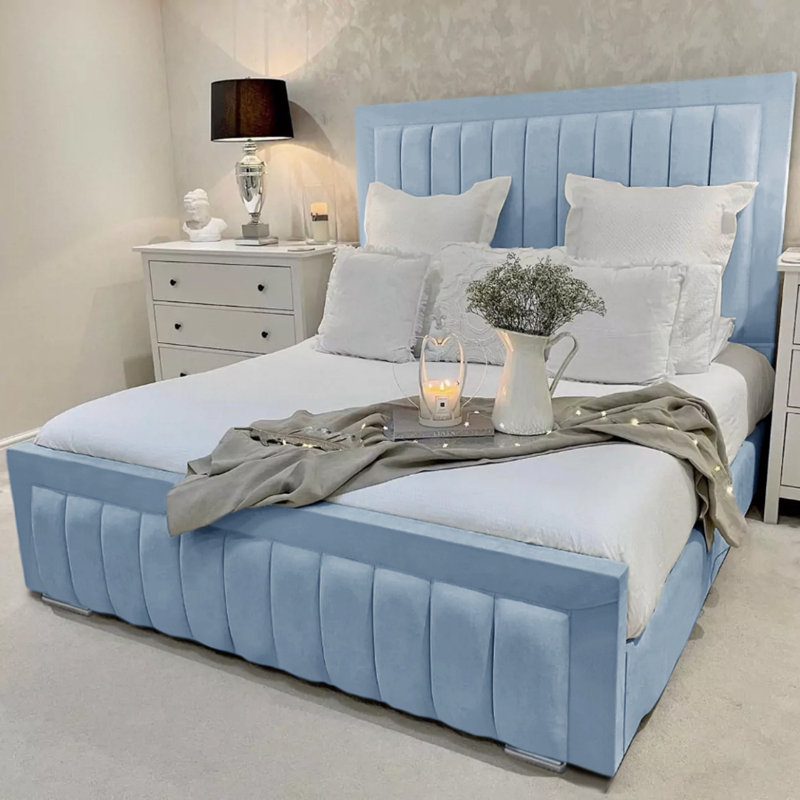 Alondrea Upholstered Panel Bed , Sky Blue, Double (4'6)