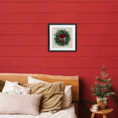 Ribbon Holly Wreath Framed Print Under Glass, design by Kate Sherrill