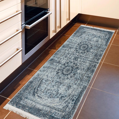 Machine Washable Wrinkle Free Flatweave Traditional Blue Area Rug for Living Room, Hallway Runner