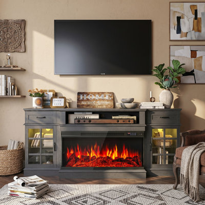 Meuble télé Farmhouse avec foyer électrique 36 po pour téléviseur de 80 po / 90 po, 2 tiroirs et tablette de divertissement réglable