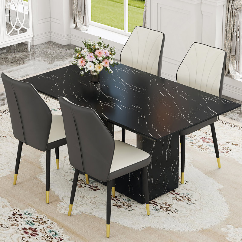 Table and chair set.Marble Pattern MDF Dining, Dark Gray