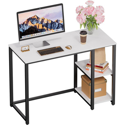 40 Inch Computer Desk With Shelves: Cream White Sturdy Small Desk For Bedroom, Modern Gaming Table & Home Office Furniture