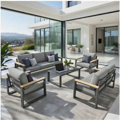 Ensemble de meubles de patio 5 pièces en aluminium ultra résistant aux intempéries, canapé de conversation 7 places avec coussins de dossier gris extra épais de 10 pouces et table en verre