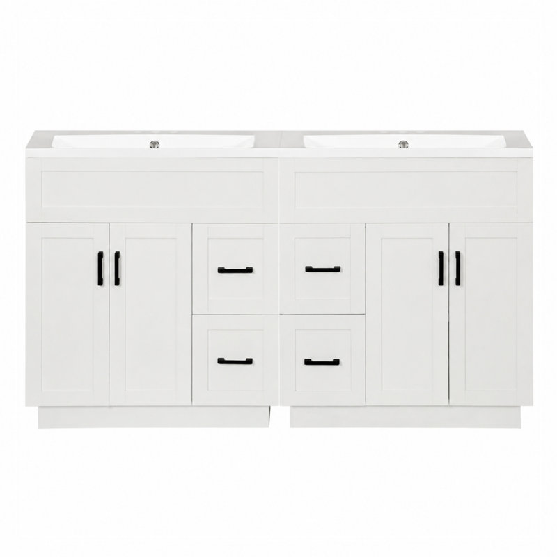 Meuble-lavabo avec 4 portes d'armoire, 4 tiroirs et 2 tablettes réglables, White