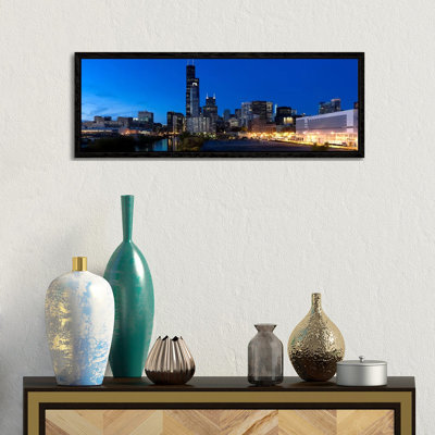 Buildings In A City Lit Up At Dusk, Chicago, Illinois, USA by Panoramic Images - Panoramic Gallery-Wrapped Canvas Giclée on Canvas