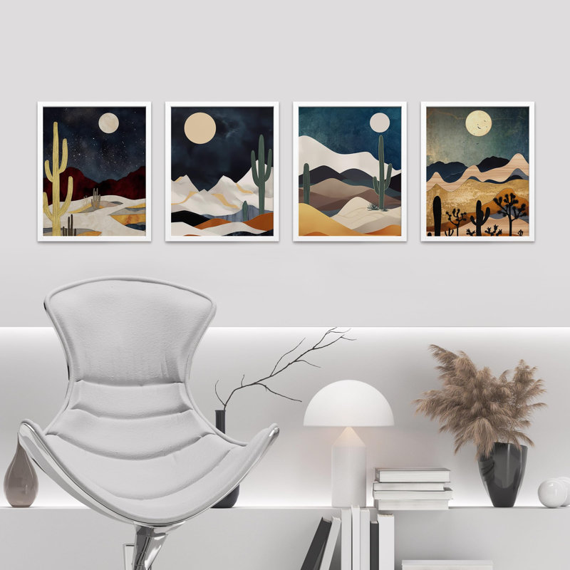 «Midnight Moon Cactus Desert Dune Nature», ensemble de 4 reproductions de cadres photo simples, Blanc, H 10 po x l 8 po