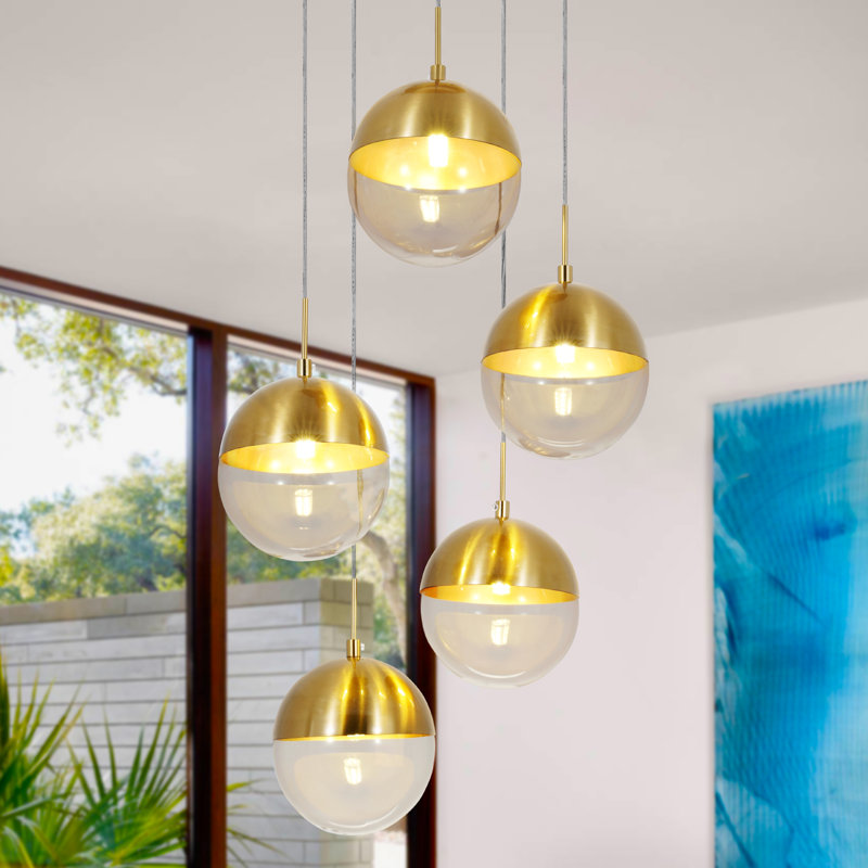 Copper 5-light Clear Glass Dimmable Pendant Light Adjustable Height