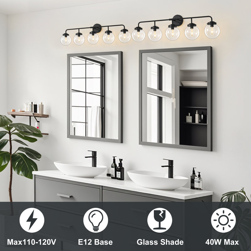 Airabelle Bathroom Vanity Lighting With Clear Shades Dimmable Bathroom Light Fixtures, Matte Black, 5